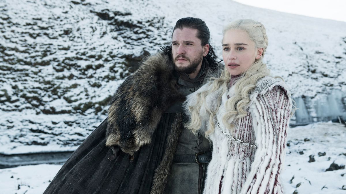 Kit Harington and Emilia Clarke as Jon Snow and Daenerys Targaryen
