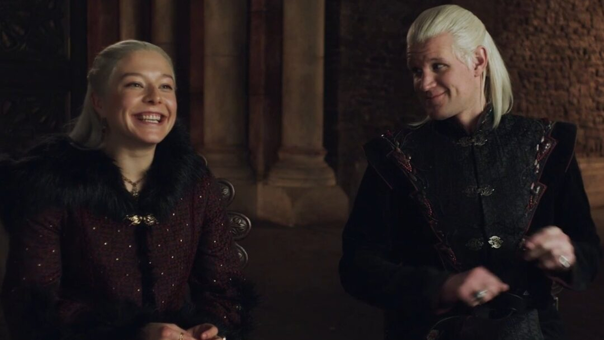 Emma D'Arcy and Matt Smith laugh during a House of Dragon interview
