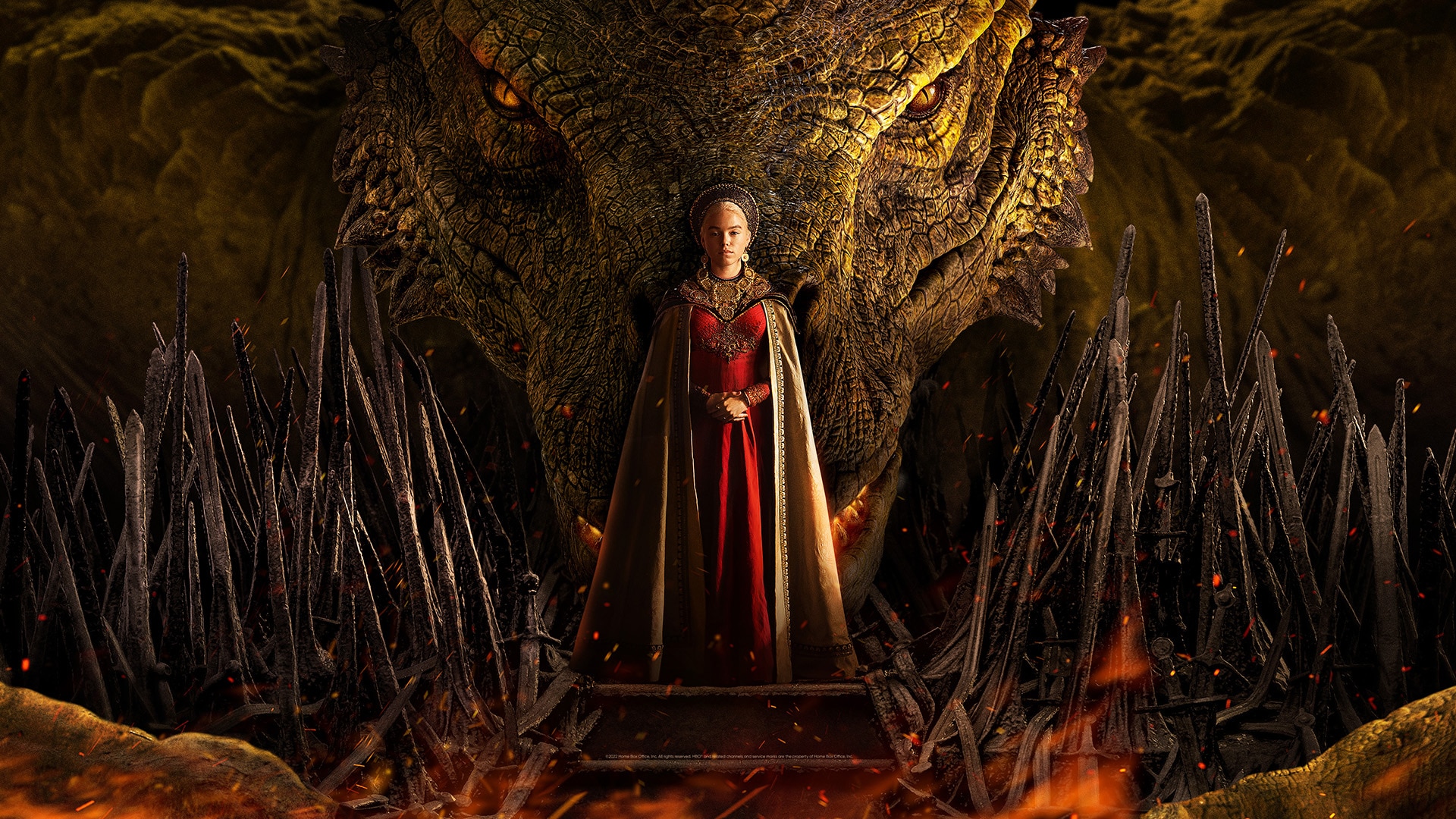 Princess Rhaenyra in front of the iron throne and her golden dragon Syrax.