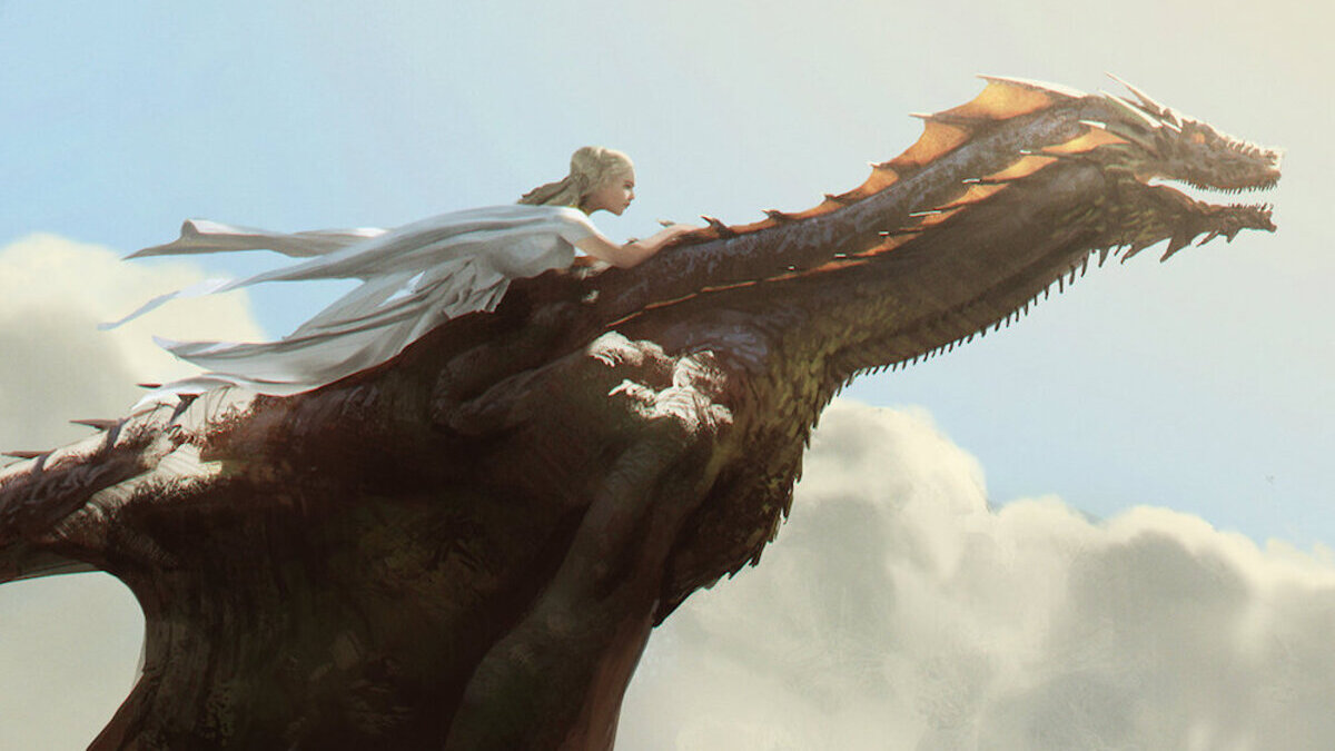Daenerys riding on Drogon's back for the first time