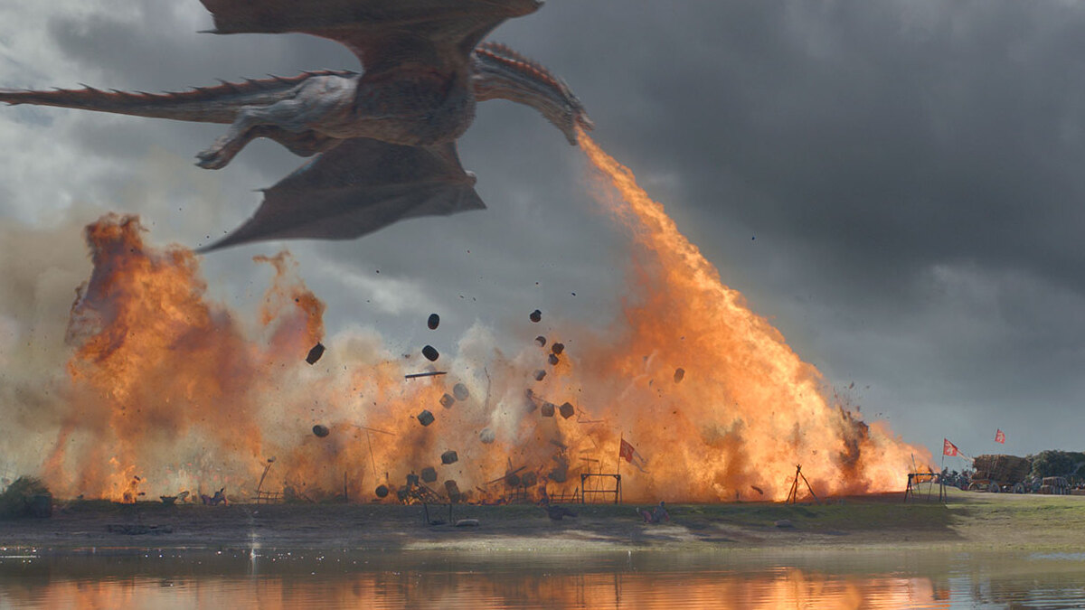 Drogon destroys the Lannister loot train