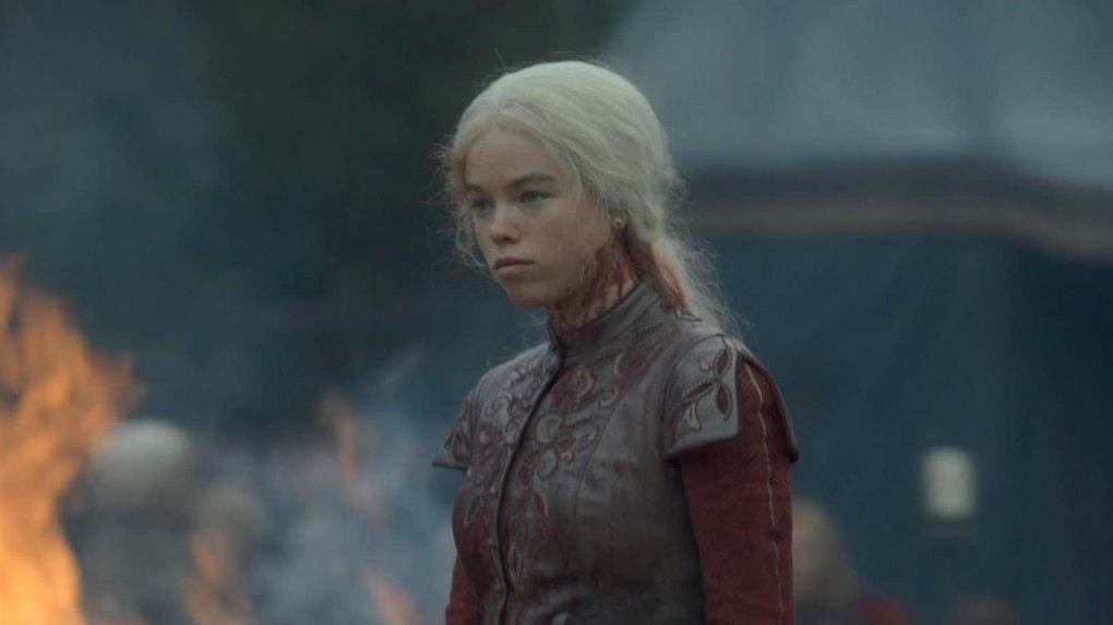 Rhaenyra Targaryen returns, covered in boar's blood. 