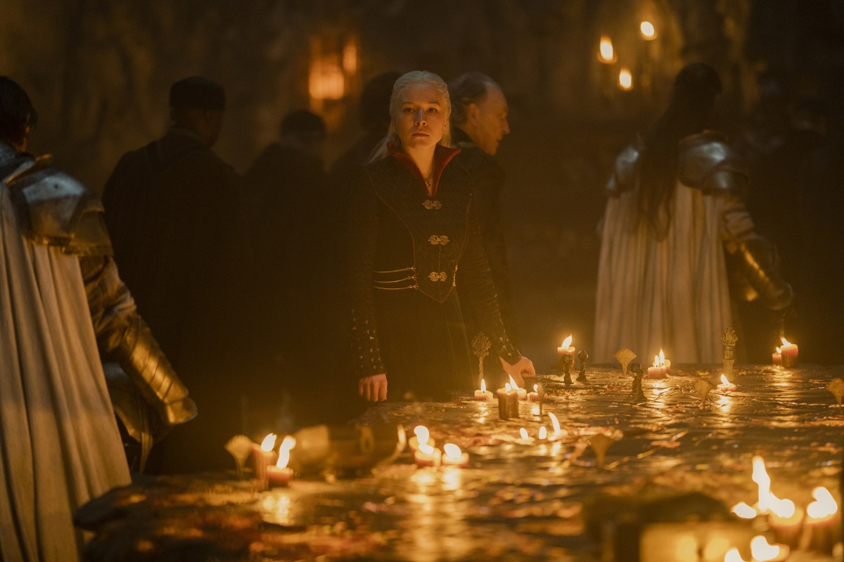 Rhaenyra at the candlelit war table at Dragonstone.